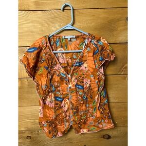 Daniel Rainn Womens Orange Floral Print Short Sleeve V Neck Blouse Top M Pintuck